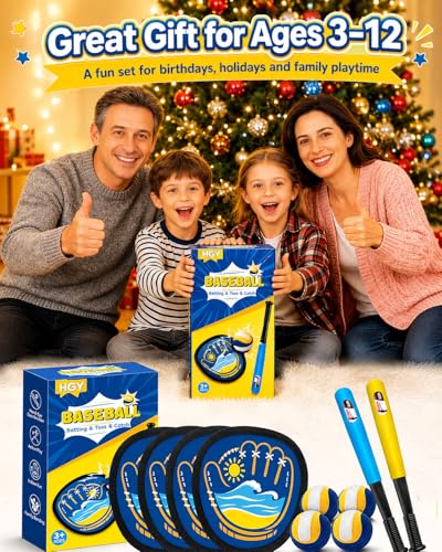 Toss and Catch Baseball Toys,Outdoor Sport Games for Kids and Family with Tball Bats and Toddler Baseball Glove and Sticky Soft Balls. Great for Yard Lawn Beach Pool and Indoor Fun