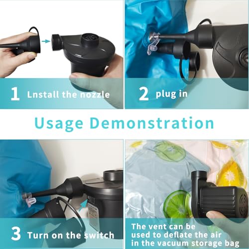 Air Pump for Inflatables - Electric Air Mattress Pump with 3 Nozzles, Portable Quick-Fill Inflator Air Pump for Inflatable Boat, Air Mattress Beds, Swimming Ring, Compatible with Home and Car Adapter