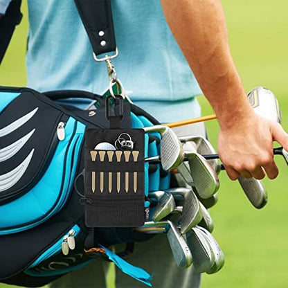 Cosmos Golf Pouch Bag Tees Holder Ball Pocket, Zippered Valuables Accessories Belt with Carabiner for Balls, Tees, Markers, Divot Tools, Phone, Keys Black