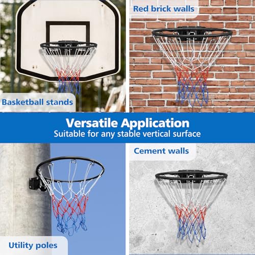 Solid Basketball Rim, Athfiner 18" Basketball Hoop Replacement Wall Mounted Outdoor Indoor Hanging Double Spring with All Weather Net