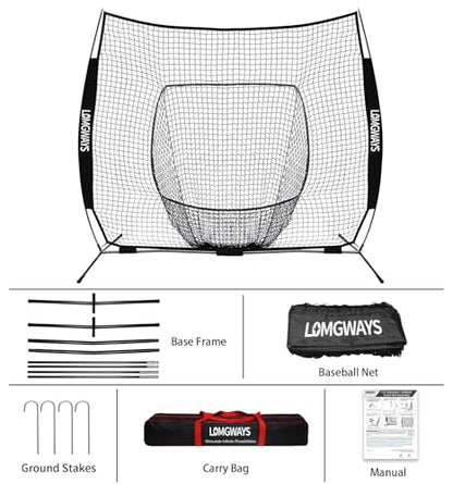 7x7ft/8x8ft Baseball Softball Net with Steel Frame for Batting, Hitting, Pitching, Portable Baseball Batting Net with Carry Bag, Great for All Levels - size: 7FT Black