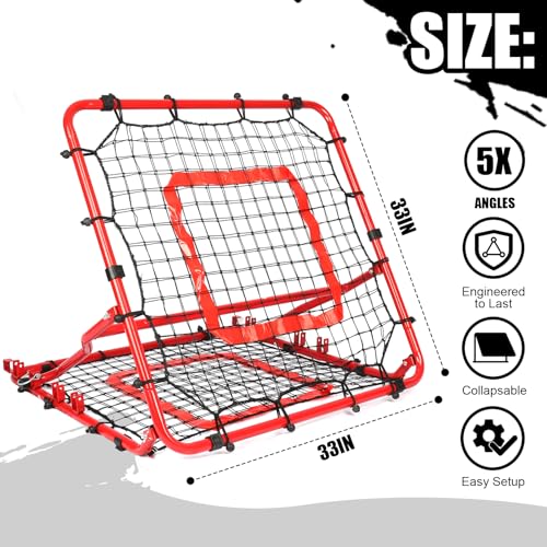 Storgem Baseball Softball Rebounder Net, Pitch Back Rebound Net,Soccer Rebound Net, Fielding Rebounder,Double Sided Adjustable Multi-Sports Pitching Rebound Net for Throwing Practice - style: 33 x 33in-Red