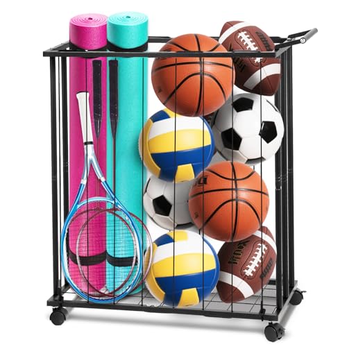 Columnar Vertical Ball Storage Racks with Wheels-New Durable Rolling Basketball Holder Wall Mount for Soccer, Volleyball, Space-Saving Garage Sports Ball Rack Organizer for Home,Gym & Outdoors