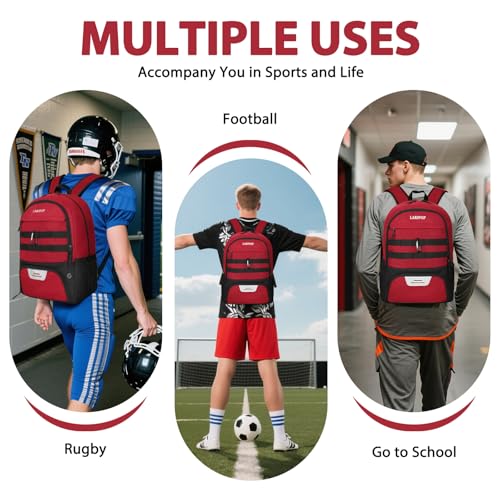 LARIPOP Soccer Backpack with Ball Holder & Shoe Compartment Large Capacity Youth Sports Bag for Training - color: Dark red