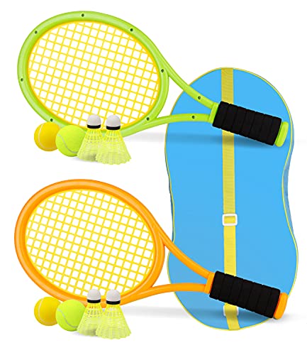 Kids Tennis Racket,17 Inch Plastic Tennis Racket with 2 Soft Balls,2 Tennis Balls and 4 Shuttlecocks for Kid,Toddler Outdoor/Indoor Sport Play - color: Orange & Green