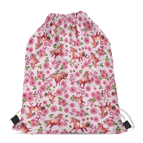 Mumeson Floral Leaves Drawstring Bag Printed Satchel Bag Zipper Closure Backpack Shoulder Bag with Polyester - color: Floral Horse
