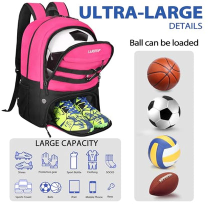 LARIPOP Soccer Backpack with Ball Holder & Shoe Compartment Large Capacity Youth Sports Bag for Training - color: Pink