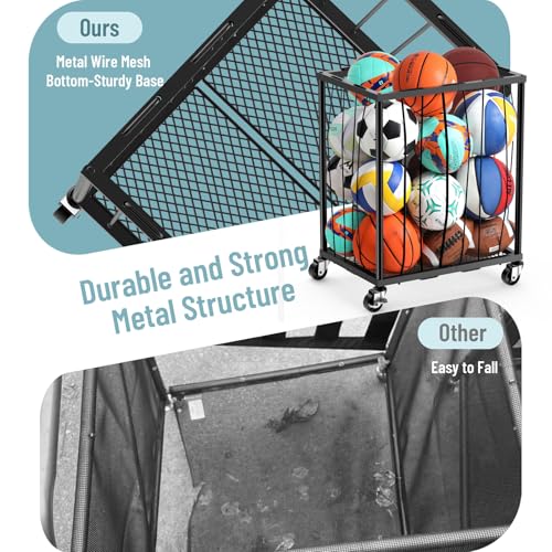 TomCare Garage Ball Rolling Storage Rack Large Capacity Basketball Holder with Elastic Rope [Hold 12-15 Balls][Easy to Take] Garage Sports Equipment Organizer cart with Wheels for Home, Outdoor Use