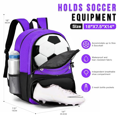 Hsmihair Youth Soccer Bag-Soccer Backpack&Backpack for Football Basketball,with Ball Compartment Separate Cleat Package - color: Purple