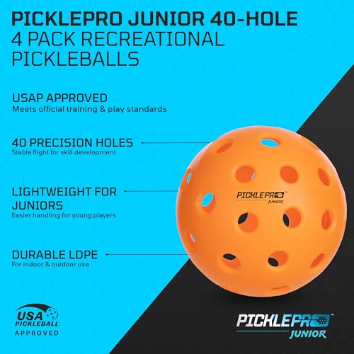 PicklePro Junior Outdoor & Indoor Pickleball Balls for Beginners – Lightweight LDPE 40-Hole Design for Stable Flight, Durable Construction for Training and Youth Play, USAPA Compliant