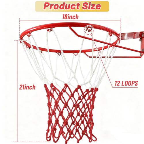 Basketball Net 1 Pack, Heavy Duty Basketball Net Replacement Weather Anti Whip Polyester Basketball Hoop Net Fits Standard Indoor Or Outdoor Court Use - Easy Install (Red White)