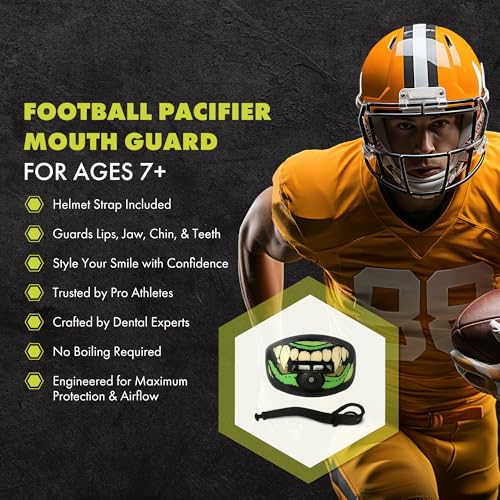 DAMAGE CONTROL Pacifier Mouthpiece – Football Mouthguard with Helmet Strap, Protects Teeth, Jaw & Mouth – Mouth Piece for Sports, No Boiling, Allows Airflow – Gear for Adults & Youth (Monster) - color: Monster