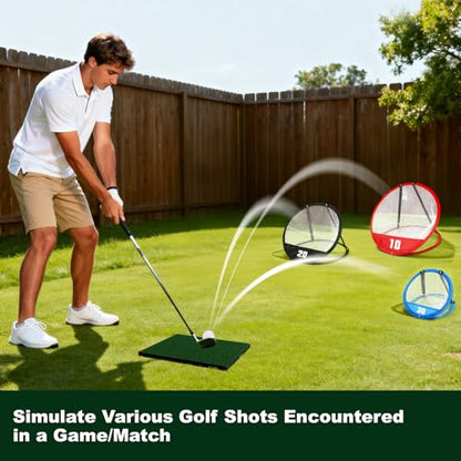 AuntyFey Golf Chipping Net, Golf Chipping Game, 3Pcs Pop-Up Golf Practice Net Backyard with 3 Targets, 15 Balls, 1 Hitting Mat, 1 Storage Bag, Indoor Outdoor Game Gift(Golf Clubs not Included)