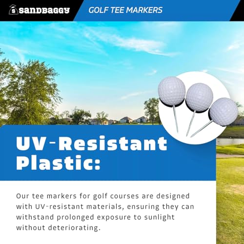 Sandbaggy Plastic Tee Markers for Golf Course (UV Resistant) - Steel Spike - Safety Caps Included - color: White