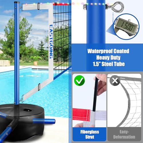 Pool Volleyball Net Set with Light,Adjustable Length 15-25FT，Swimming Pool Volleyball Net System with 2 Water Volleyballs and Heavy Duty Base.
