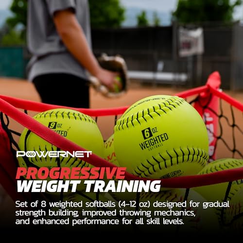 PowerNet Weighted Softballs, Official 12 Inch Size, Progressive Weighted Balls for Softball Training, Improve Throwing Mechanics, 8 Different Weights Included, 4 to 12 oz