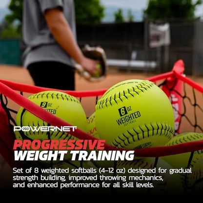 PowerNet Weighted Softballs, Official 12 Inch Size, Progressive Weighted Balls for Softball Training, Improve Throwing Mechanics, 8 Different Weights Included, 4 to 12 oz
