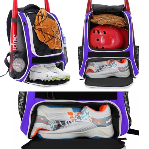 WOLT Youth Baseball Bag - Bat Backpack for Baseball, T-Ball & Softball Equipment & Gear, Bat & Glove Holder, Large Main Compartment for Helmet & accessories, Separate Shoes Compartment, Fence Hook - color: purple