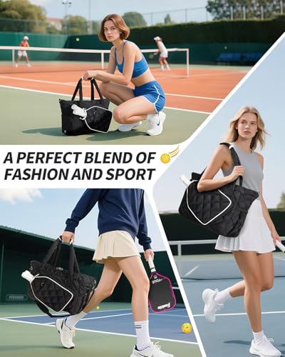 ESTARER Pickleball Tote Bag for Women with Shoe Compartment Large Pickleball Paddle Storage & Fence Hook - color: Black