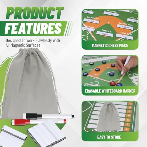 ZPU Baseball Lineup Board Magnets, 40Pcs 0.7 x 2.3 Inch Strong Magnetic Reusable Baseball Lineup Cards Set with 2 Dry Erase Black Marker Pens, 2 Red Marker Pens, 1 Storage Bag (Board NOT Included) - style: Baseball Cards