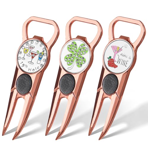 Amy Sport Premium Golf Divot Repair Tool Ball Markers with Belt Clip Value 3 Pack, 7-in-1 Tools Leather Grip Club Holder, Bottle Opener, Club Groove Cleaner, Putting Alignment Guide