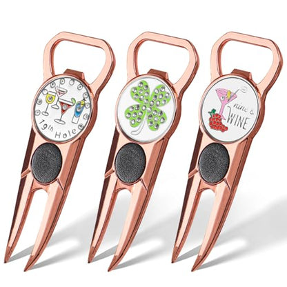 Amy Sport Premium Golf Divot Repair Tool Ball Markers with Belt Clip Value 3 Pack, 7-in-1 Tools Leather Grip Club Holder, Bottle Opener, Club Groove Cleaner, Putting Alignment Guide