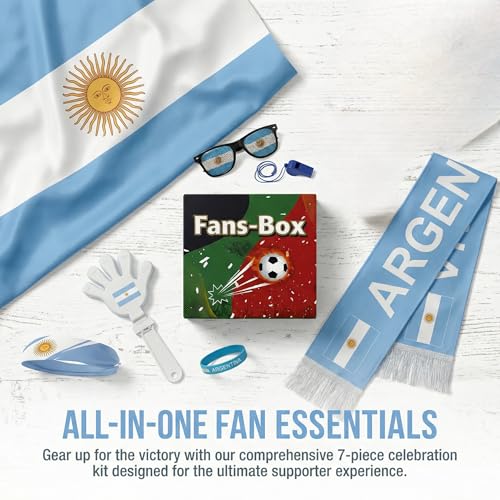 Soccer Fan Gear Set 2026-7 Piece Game Day Kit with Flag, Scarf, Glasses, Whistle, Clapper, Wristband & Headband in Gift Box - Watch Party & Stadium Essentials for Argentina - color: Argentina