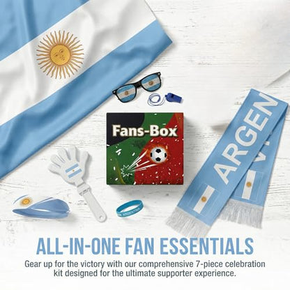 Soccer Fan Gear Set 2026-7 Piece Game Day Kit with Flag, Scarf, Glasses, Whistle, Clapper, Wristband & Headband in Gift Box - Watch Party & Stadium Essentials for Argentina - color: Argentina