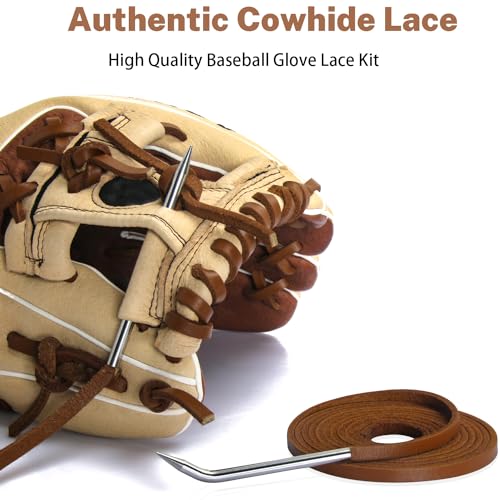 Softball Baseball Glove Lace, Mitt Lace Repair Kit Includes 2 Leather Laces and Lacing Needle for Catcher's Glove - color: Tan
