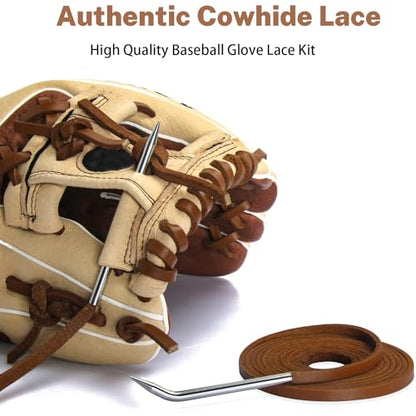 Softball Baseball Glove Lace, Mitt Lace Repair Kit Includes 2 Leather Laces and Lacing Needle for Catcher's Glove - color: Tan