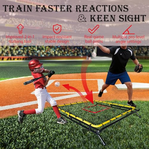 Baseball & Softball Rebounder Net, 4x4.5 Ft Pitching and Fielding Rebounder net, Baseball Bounce Back Trainer Pro with 4 Adjustable Angles and 4 Rubber Feets
