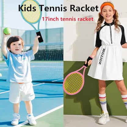 Kids Tennis Racket 17 Inch Lightweight for Junior Toddlers - Includes 2 Tennis Balls, 2 Sponge Balls, 4 Shuttlecocks & Carry Bag - color: Blue & Pink