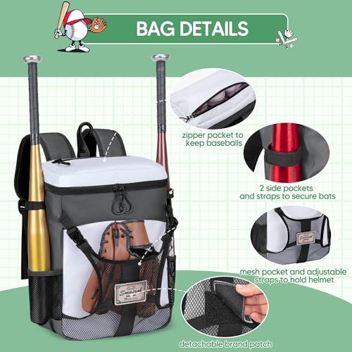Smasrob Youth Baseball Bag for T Ball, Rec and Travel Ball, Softball Bag with Helmet Holder and Fence Hook - color: Gray