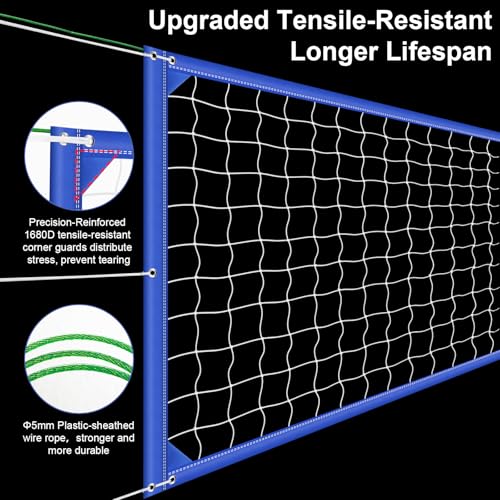 Professional Volleyball net Outdoor Heavy Duty, Lengthened Aircraft Wire Rope, Upgraded Weather Resistance, Thicker Border for Indoor Outdoor Backyard Pool Schoolyard Beach 32x3FT(Net Only)