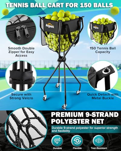 Angooni Upgraded Tennis Ball Hopper for 150 Balls, Tennis Cart with Wheels & Storage Bag, Lightweight Foldable Pickleball Cart, Ideal Gift for Training, Teaching & Family Play