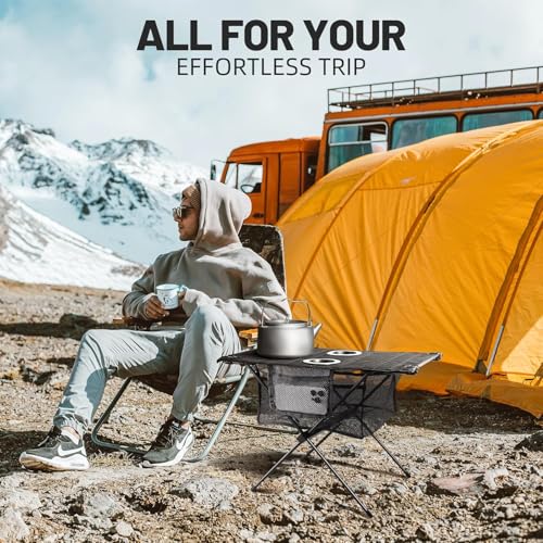 Portable Camping Table Folding, Small Beach Table Foldable with Drink Holder & Mesh Storage & Carry Bag Compact Camp Tent Side Table for Picnic Tailgate Travel Outdoor Fishing Backpacking