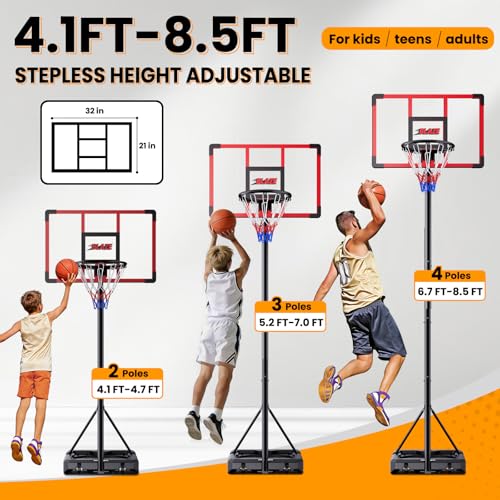 Portable Basketball Hoop for Kids & Teens, 4.1–8.5FT Adjustable Height, 32'' Shatterproof Backboard, Fillable Base with Weight Bag, Outdoor Goal for Backyard & Driveway(Black)
