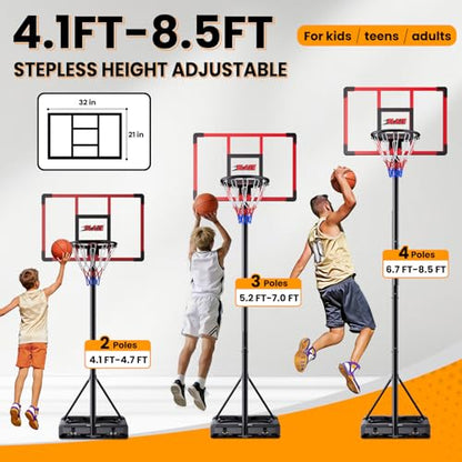 Portable Basketball Hoop for Kids & Teens, 4.1–8.5FT Adjustable Height, 32'' Shatterproof Backboard, Fillable Base with Weight Bag, Outdoor Goal for Backyard & Driveway(Black)
