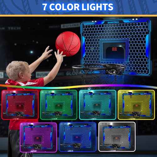 HYES Basketball Hoop Indoor, Mini Basket Ball Hoop with 7 LED Lighting, Scoreboard, Over Door Basketball Hoop with 3 Modes, Volume Adjustable, Foldable, Basketball Toys Gifts for Kids Adults - size: blue- with remote controller