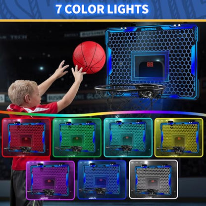HYES Basketball Hoop Indoor, Mini Basket Ball Hoop with 7 LED Lighting, Scoreboard, Over Door Basketball Hoop with 3 Modes, Volume Adjustable, Foldable, Basketball Toys Gifts for Kids Adults - size: blue- with remote controller