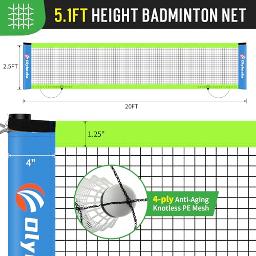 Outdoor Baminton Net Set for Backyard, Beach, Family Games with 20 * 3ft Anti-sag Net, 4 Aluminum Badminton Rackets, 3 Shuttlecocks, Carring Bag - Easy Set Up & Portable - color: Blue