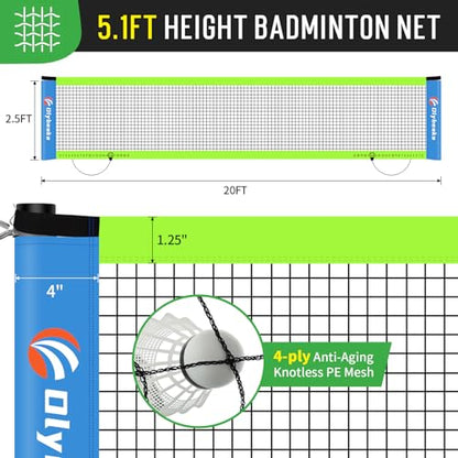 Outdoor Baminton Net Set for Backyard, Beach, Family Games with 20 * 3ft Anti-sag Net, 4 Aluminum Badminton Rackets, 3 Shuttlecocks, Carring Bag - Easy Set Up & Portable - color: Blue