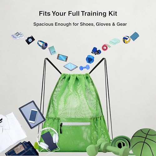 Mesh Sports Drawstring Bag, Large Breathable Gym Sack for Boxing Gloves, Boxing Equipment, Shoes & Training Gear, Lightweight & Durable (Green) - color: Green
