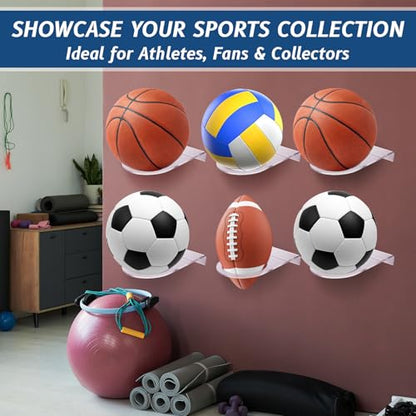 Acrylic Ball Holder Wall Mount Clear Basketball Football Display Rack Heavy-Duty 0.22" Thick Ball Storage Hangers for Soccer Volleyball Rugby Wall Mounted Sport Basketball Organizer