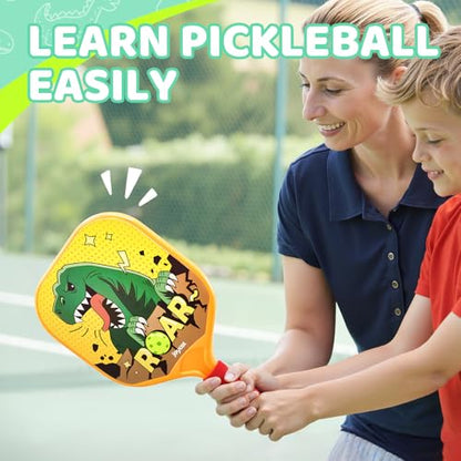 Joycat Kids Pickleball Paddles Set of 2, Lightweight Plastic Cute Pickleball Paddles with Small Grip, 2 Pickleballs, 1 Drawstring Bag,Indoor Outdoor Sport Gift for Kids,Beginner - style: Dinosaur