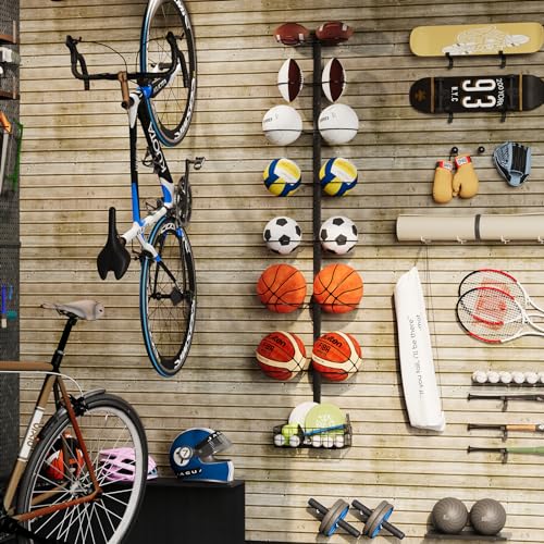 8 Tier Detachable Wall Mounted Basketball Rack,Vertical/Horizontal Football Holder,Holds 14 Balls DIY1/2/3/4 Soccer Stand,Height-Adjustable Ball Rack with Basket for Garage,Tool Room