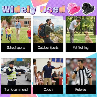 2 PCS Plastic Whistle for Coaches, Pink and Black Sports Whistle with Lanyard Plastic Sports Whistles Loud Crisp Sound Whistles with Mouth Grip for Outdoor Sport Referees Officials Emergency Survival