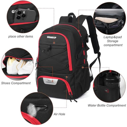 GRANDUP Basketball backpack with ball and shoes compartment Fit Volleyball, soccer, Swim, Gym, Travel, and School, large capacity sports training equipment bags - color: Black With Red Zipper