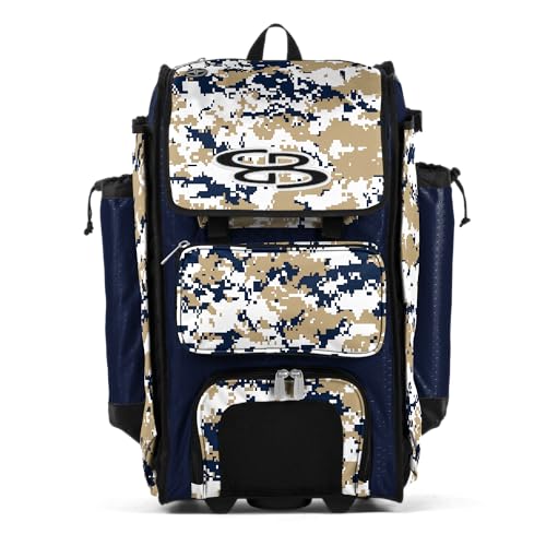 Boombah Rolling Catchers Superpack Baseball/Softball Gear Bag Digital Camo - 23-1/2" x 13-1/2" x 9-1/2" - Multiple Colors - Telescopic Handle and Holds 4 Bats - Wheeled Version - color: Navy/Vegas Gold_C23