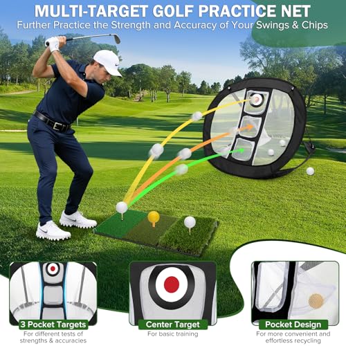 Golf Chipping Net with Tri-Turf Hitting Mat Set - Foldable Practice Target, 12 Foam Balls & 6 Tees in Carry Bag - Indoor Outdoor Backyard Golf Precision Training Gift & Aid for Beginners